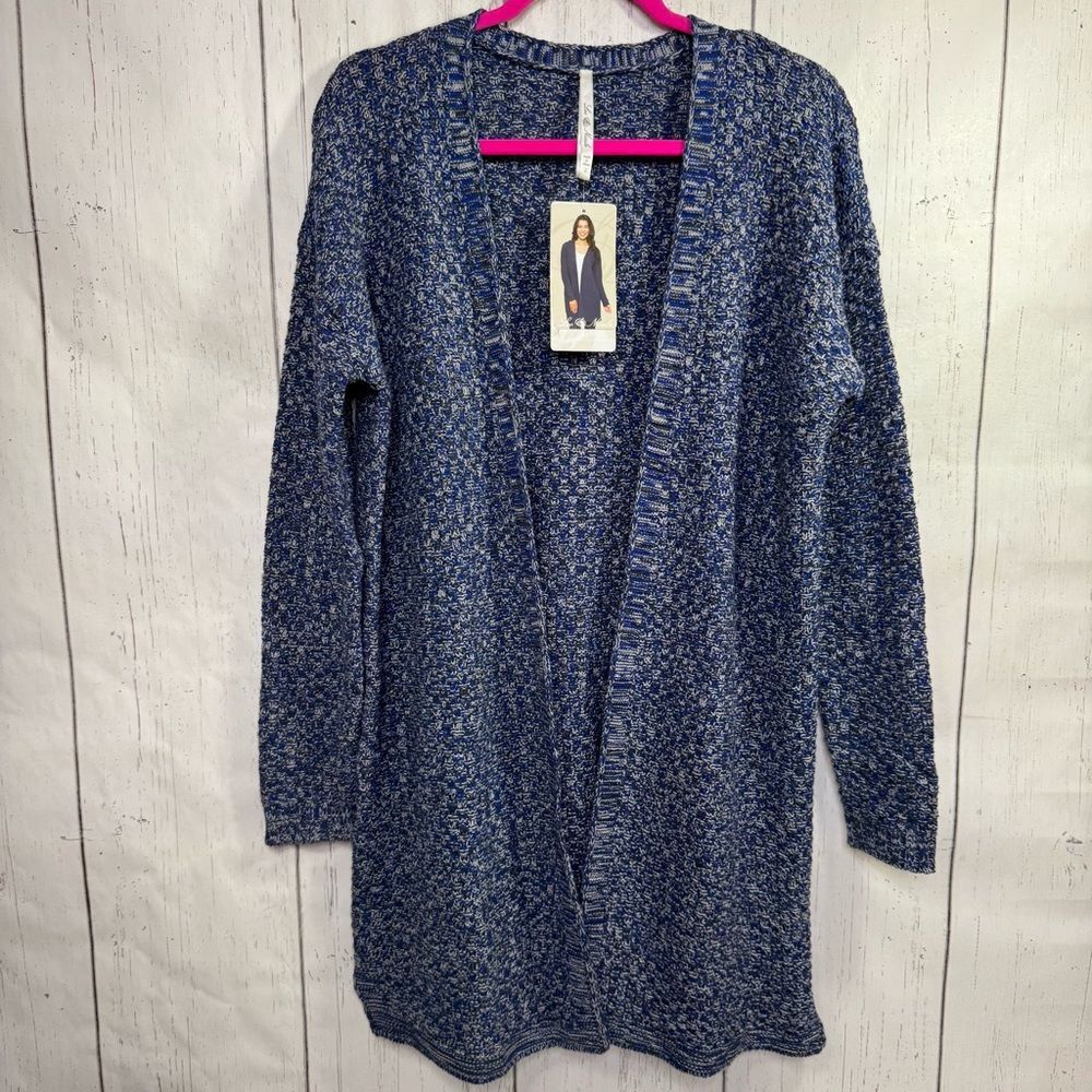 Leo & Nicole Blue Marled Open Front Cardigan Sweater L Cozy Casual Layering Knit